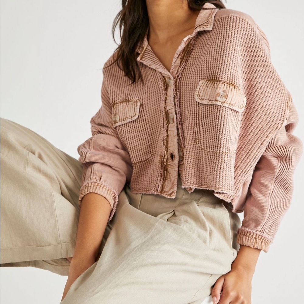 Free People Cropped Rose Waffle-Knit Button Cardigan